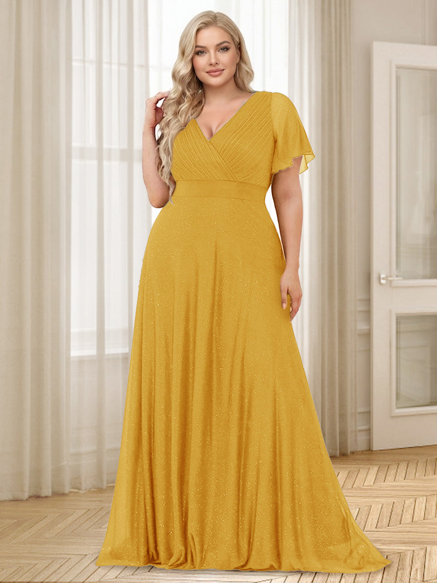 A-Line/Princess V-Neck Floor-Length Ruffles Plus Size Bridesmaid Dresses Mustard Yellow