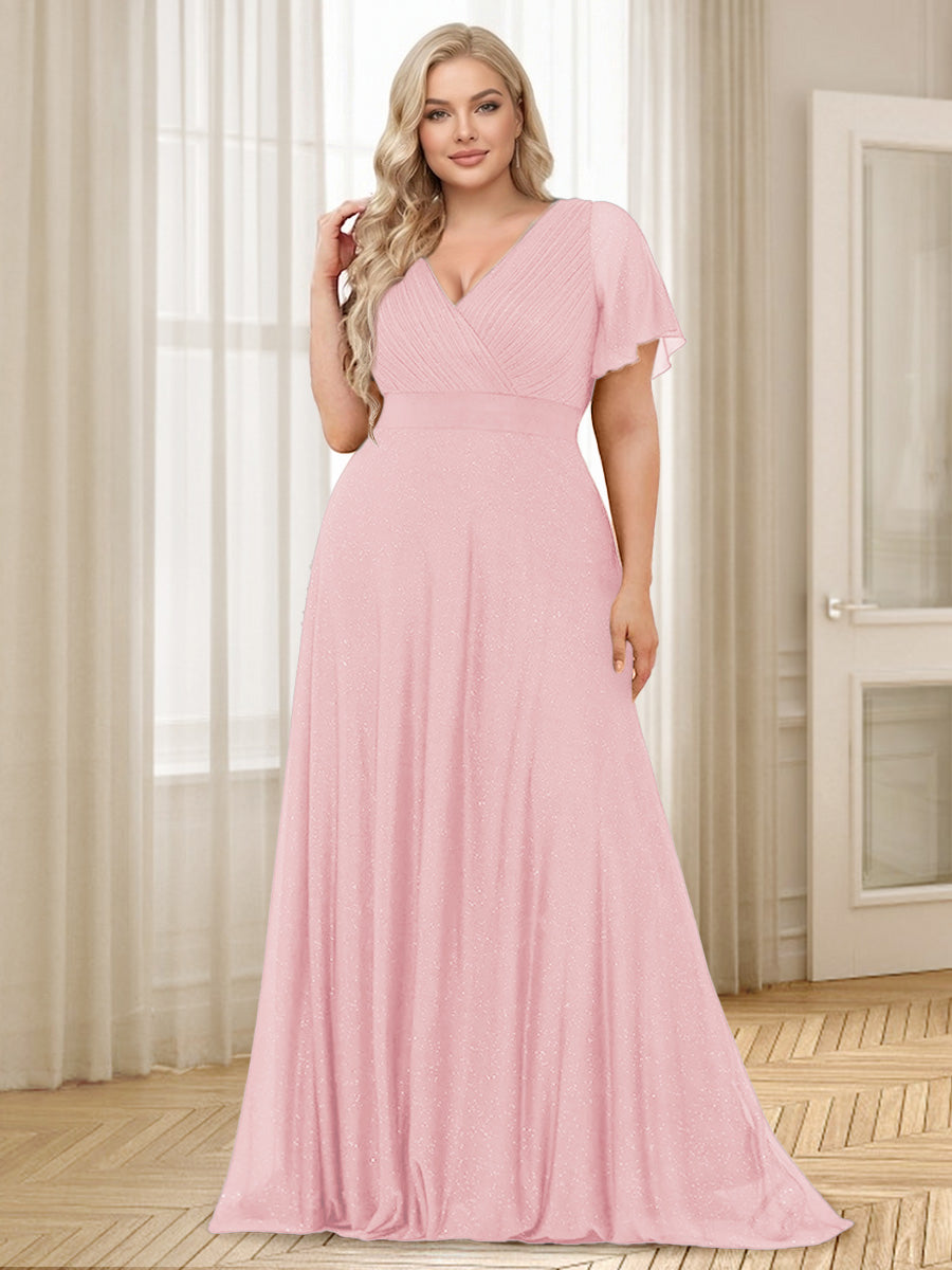 A-Line/Princess V-Neck Floor-Length Ruffles Plus Size Bridesmaid Dresses Pink