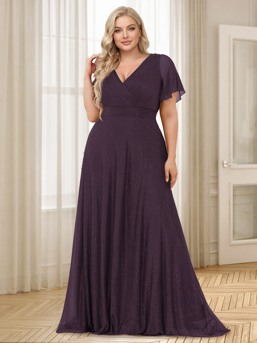 A-Line/Princess V-Neck Floor-Length Ruffles Plus Size Bridesmaid Dresses Plum