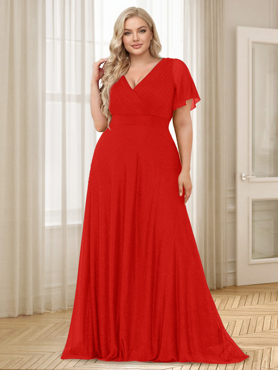 A-Line/Princess V-Neck Floor-Length Ruffles Plus Size Bridesmaid Dresses Red
