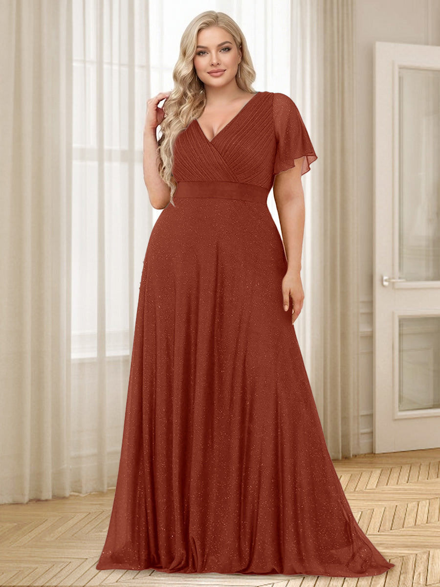 A-Line/Princess V-Neck Floor-Length Ruffles Plus Size Bridesmaid Dresses Rust