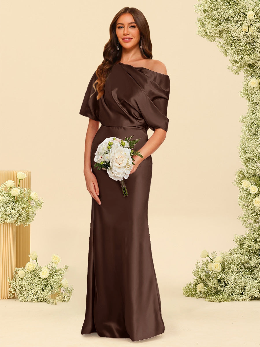 Trumpet/Mermaid One-Shoulder Half Sleeves Bridesmaid Dresses With Ruched Brown