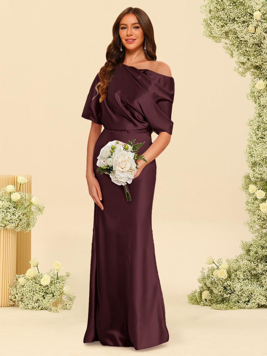 Trumpet/Mermaid One-Shoulder Half Sleeves Bridesmaid Dresses With Ruched Burgundy