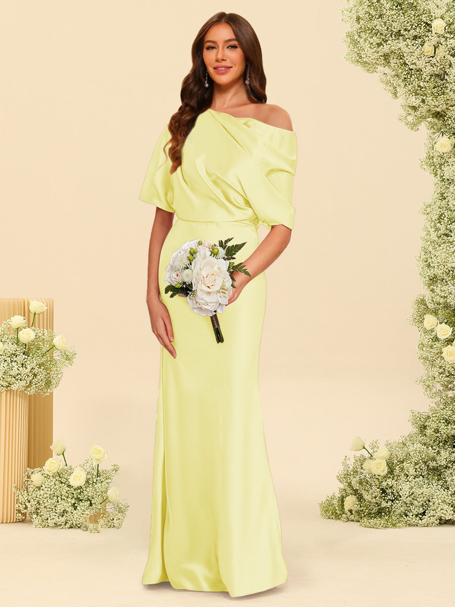 Trumpet/Mermaid One-Shoulder Half Sleeves Bridesmaid Dresses With Ruched Canary