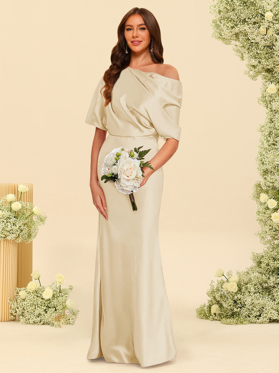 Trumpet/Mermaid One-Shoulder Half Sleeves Bridesmaid Dresses With Ruched Champagne