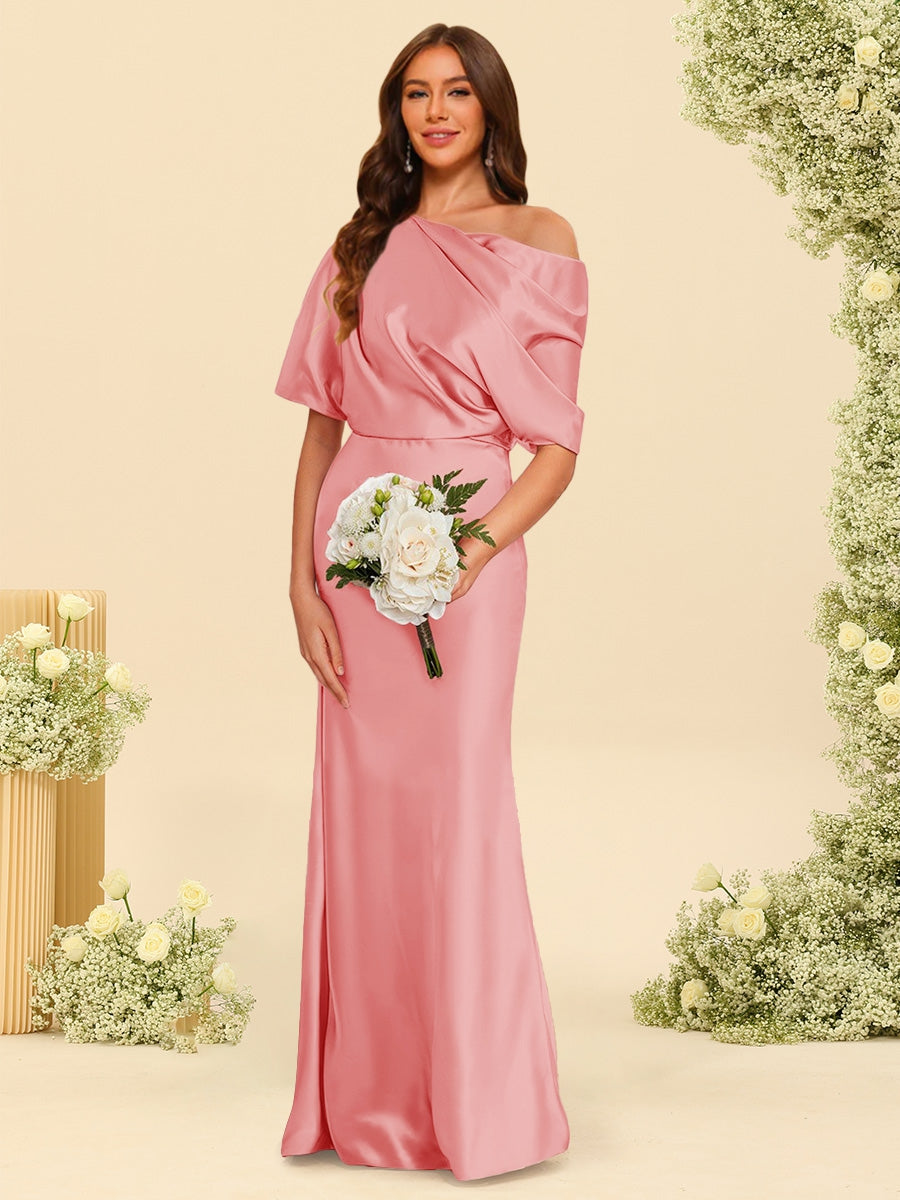 Trumpet/Mermaid One-Shoulder Half Sleeves Bridesmaid Dresses With Ruched Coral