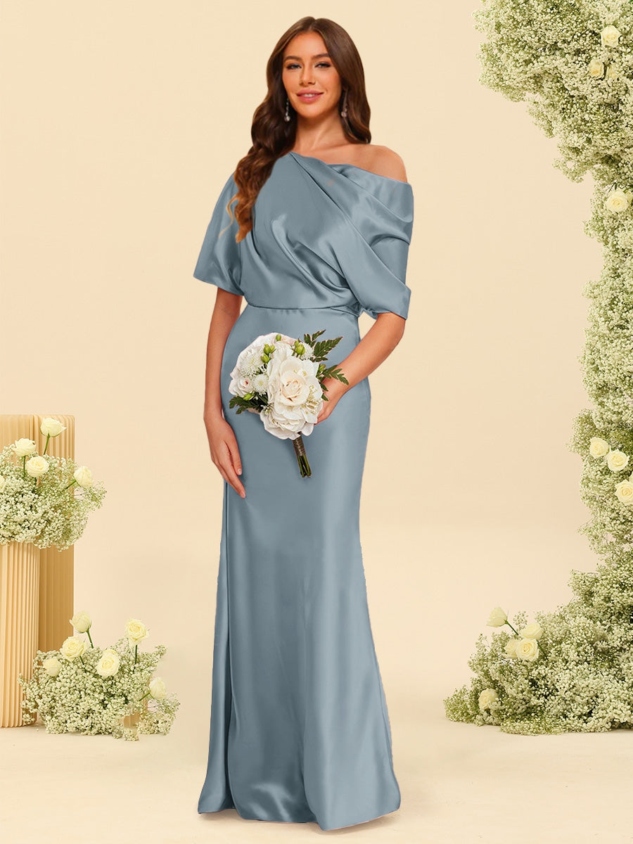 Trumpet/Mermaid One-Shoulder Half Sleeves Bridesmaid Dresses With Ruched Dusty Blue