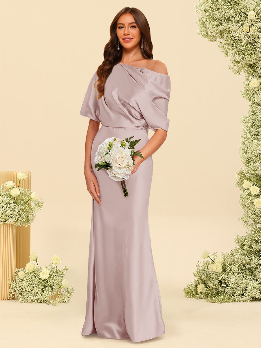Trumpet/Mermaid One-Shoulder Half Sleeves Bridesmaid Dresses With Ruched Dusty Pink
