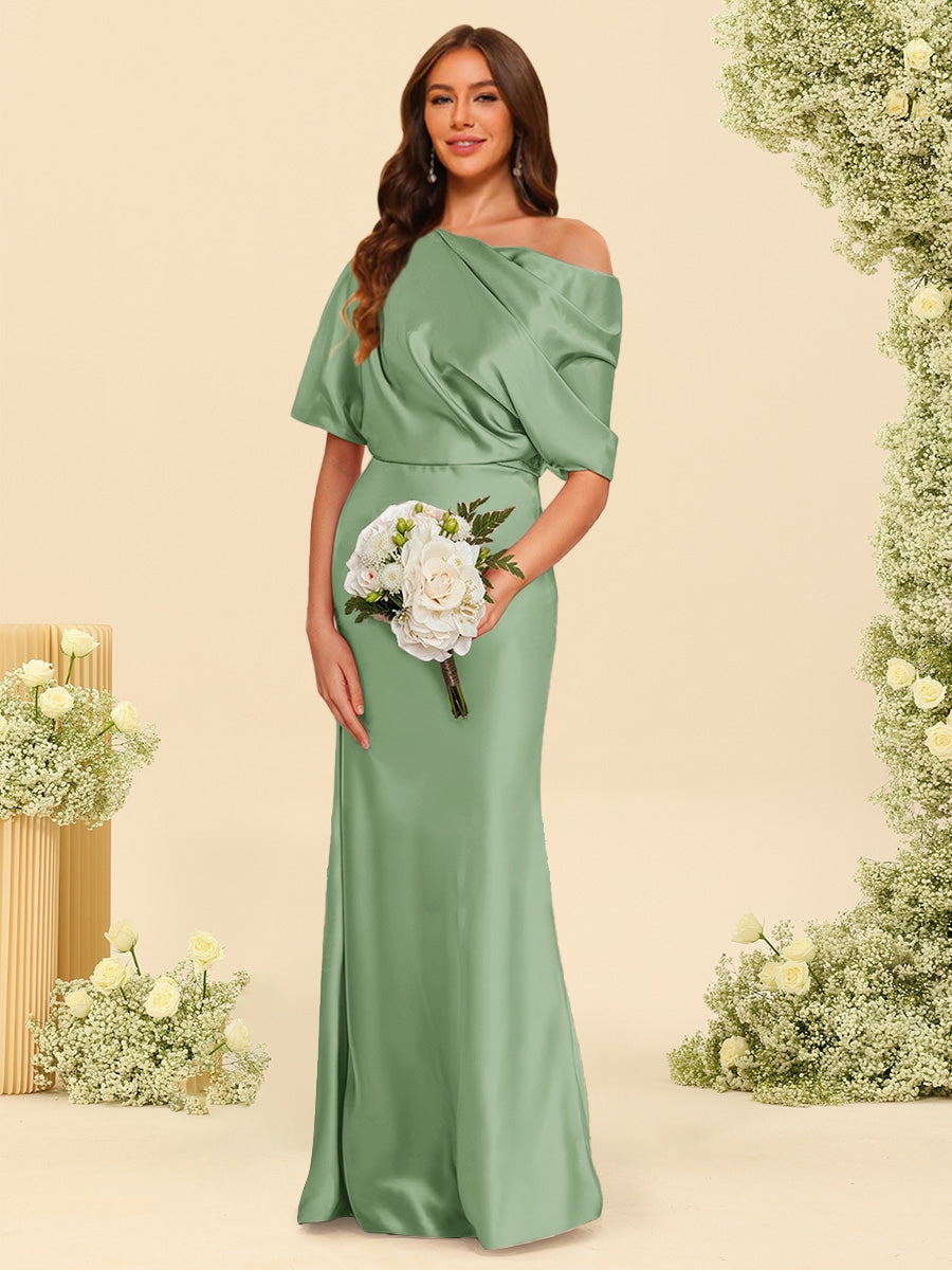 Trumpet/Mermaid One-Shoulder Half Sleeves Bridesmaid Dresses With Ruched Dusty Sage