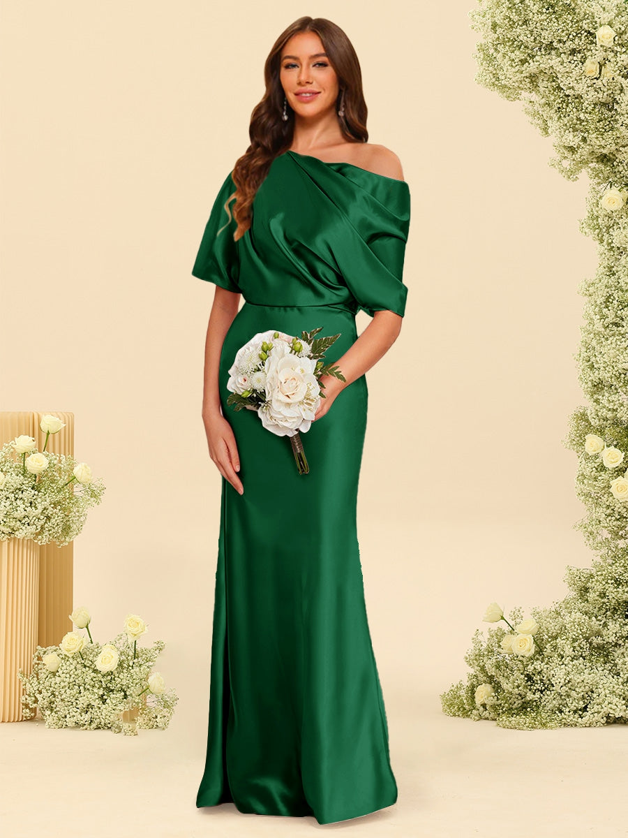 Trumpet/Mermaid One-Shoulder Half Sleeves Bridesmaid Dresses With Ruched Emerald