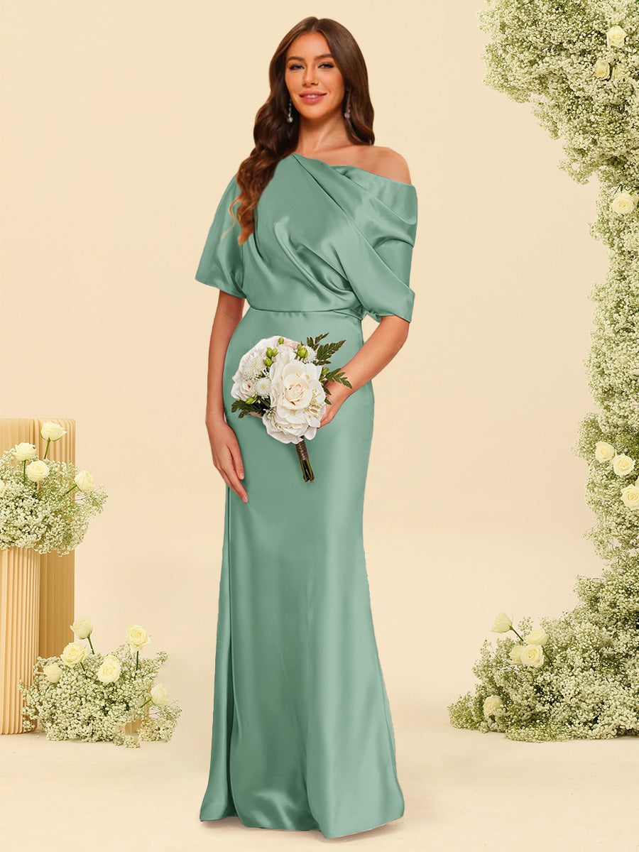 Trumpet/Mermaid One-Shoulder Half Sleeves Bridesmaid Dresses With Ruched Eucalyptus