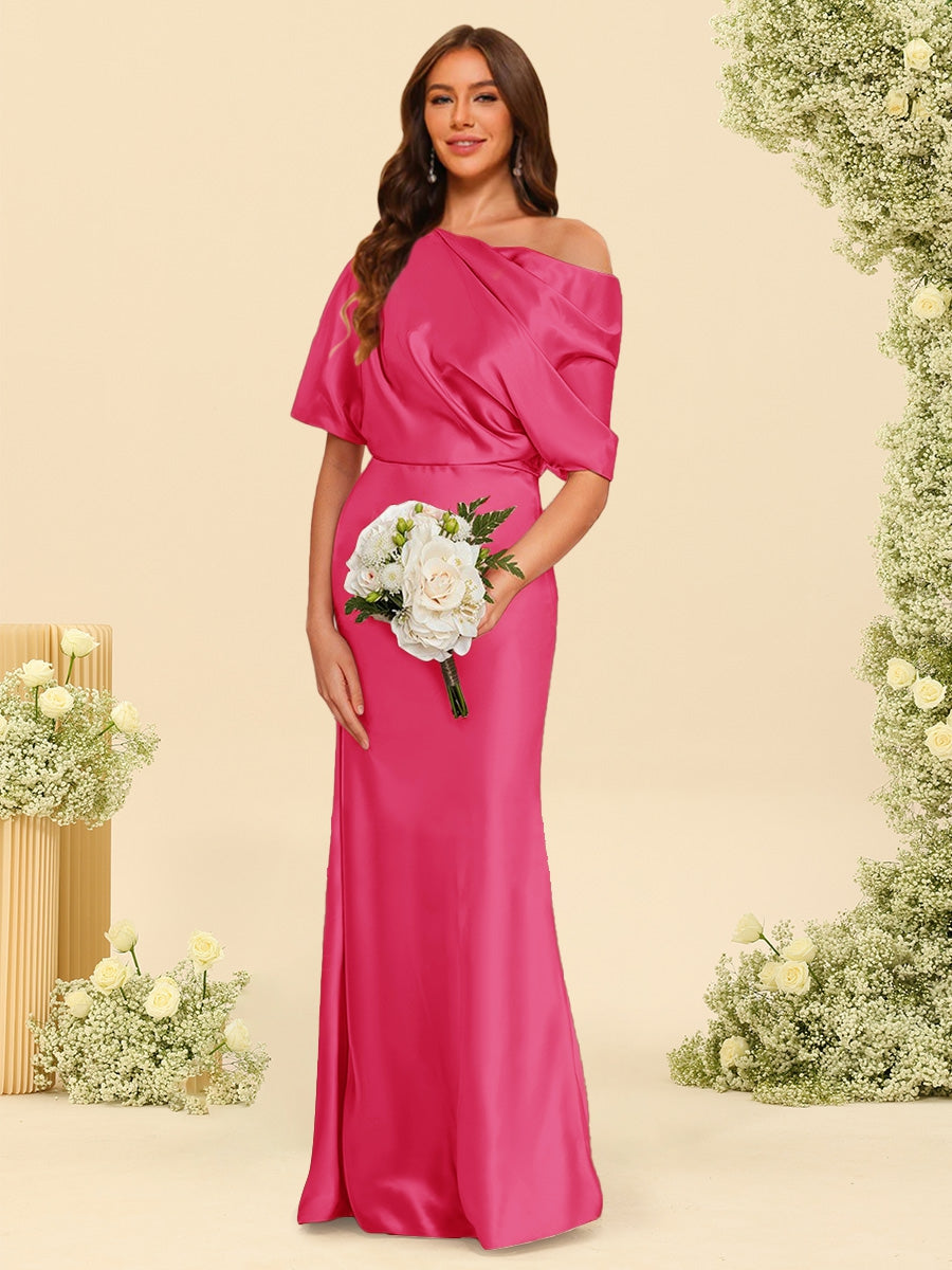 Trumpet/Mermaid One-Shoulder Half Sleeves Bridesmaid Dresses With Ruched Fuchsia Pink