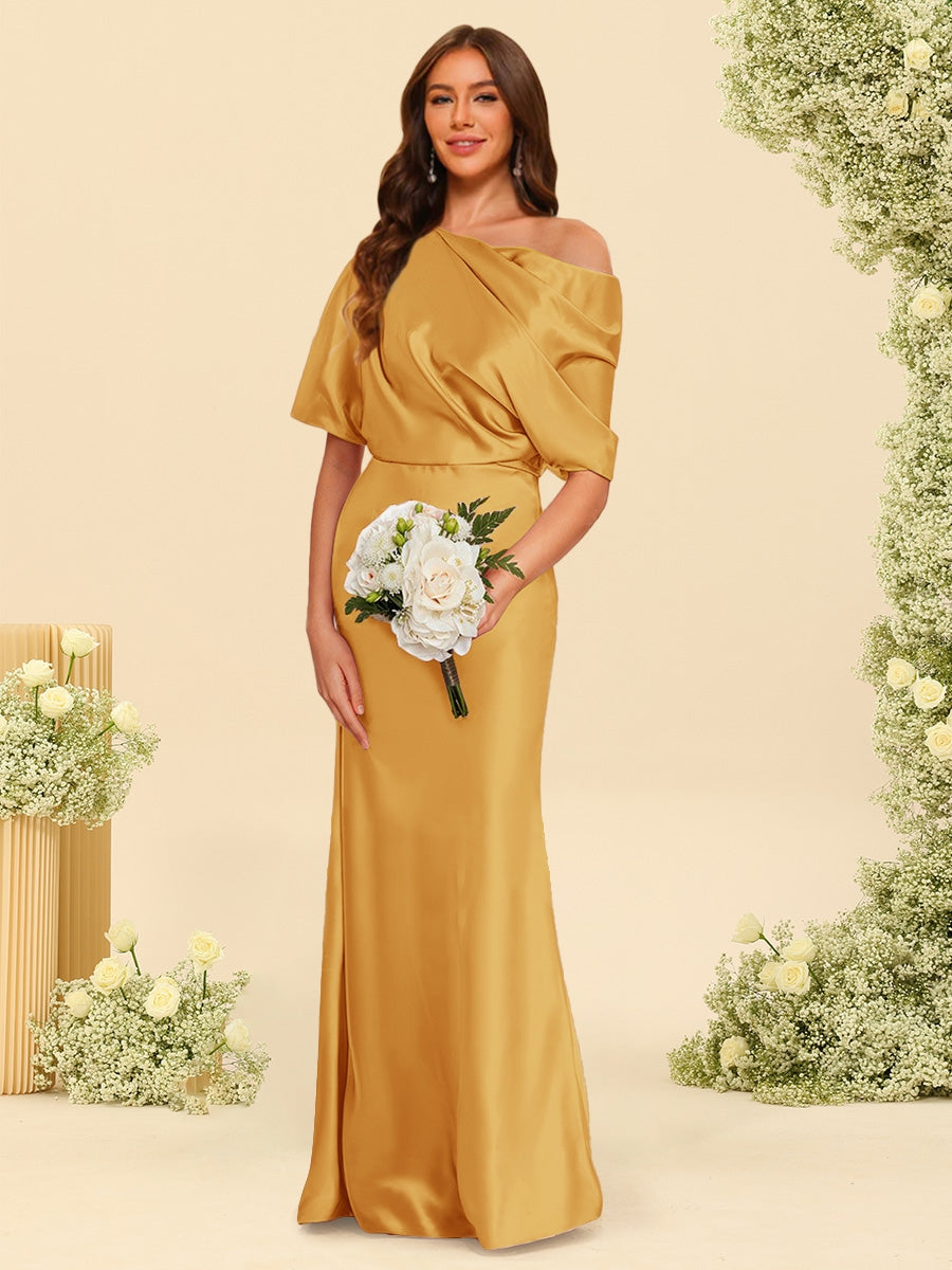 Trumpet/Mermaid One-Shoulder Half Sleeves Bridesmaid Dresses With Ruched Gold