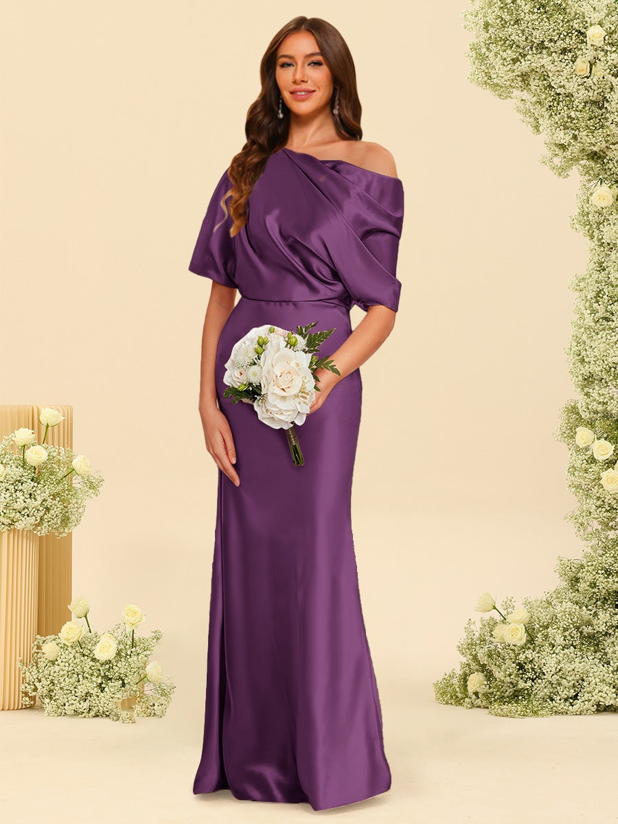 Trumpet/Mermaid One-Shoulder Half Sleeves Bridesmaid Dresses With Ruched Grape