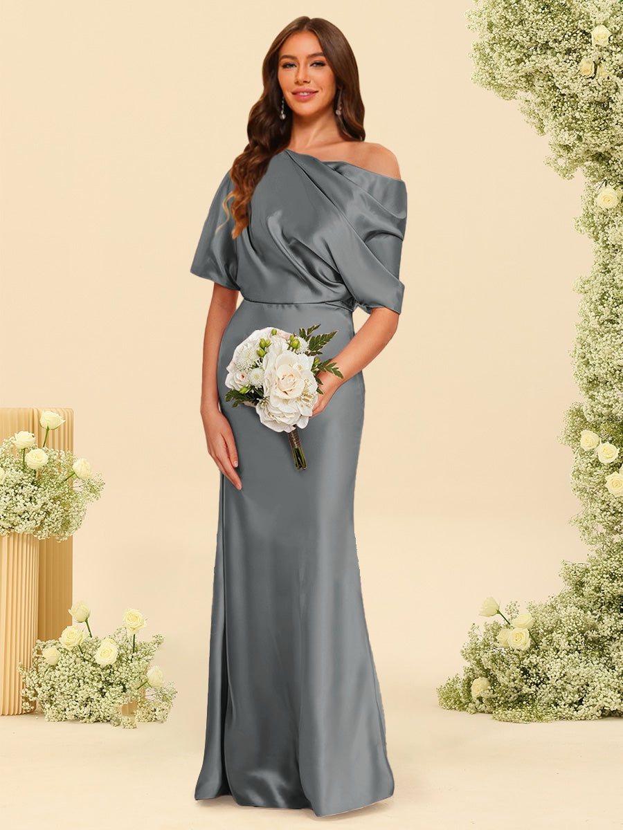 Trumpet/Mermaid One-Shoulder Half Sleeves Bridesmaid Dresses With Ruched Gray