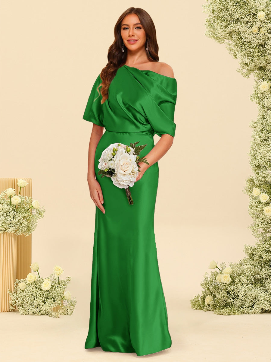 Trumpet/Mermaid One-Shoulder Half Sleeves Bridesmaid Dresses With Ruched Green