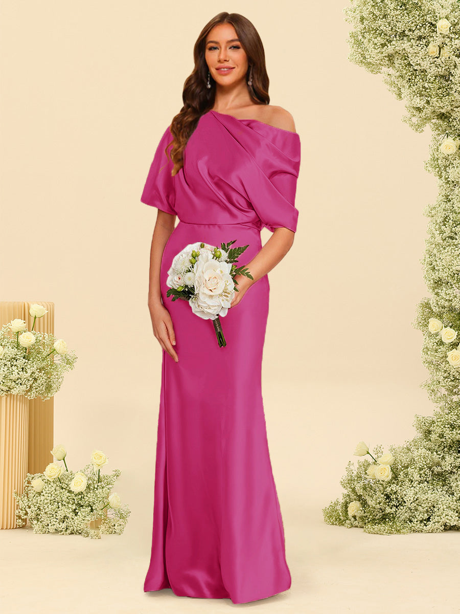Trumpet/Mermaid One-Shoulder Half Sleeves Bridesmaid Dresses With Ruched Hot Pink