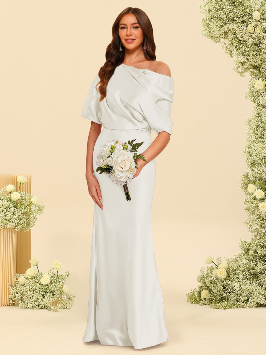 Trumpet/Mermaid One-Shoulder Half Sleeves Bridesmaid Dresses With Ruched Ivory
