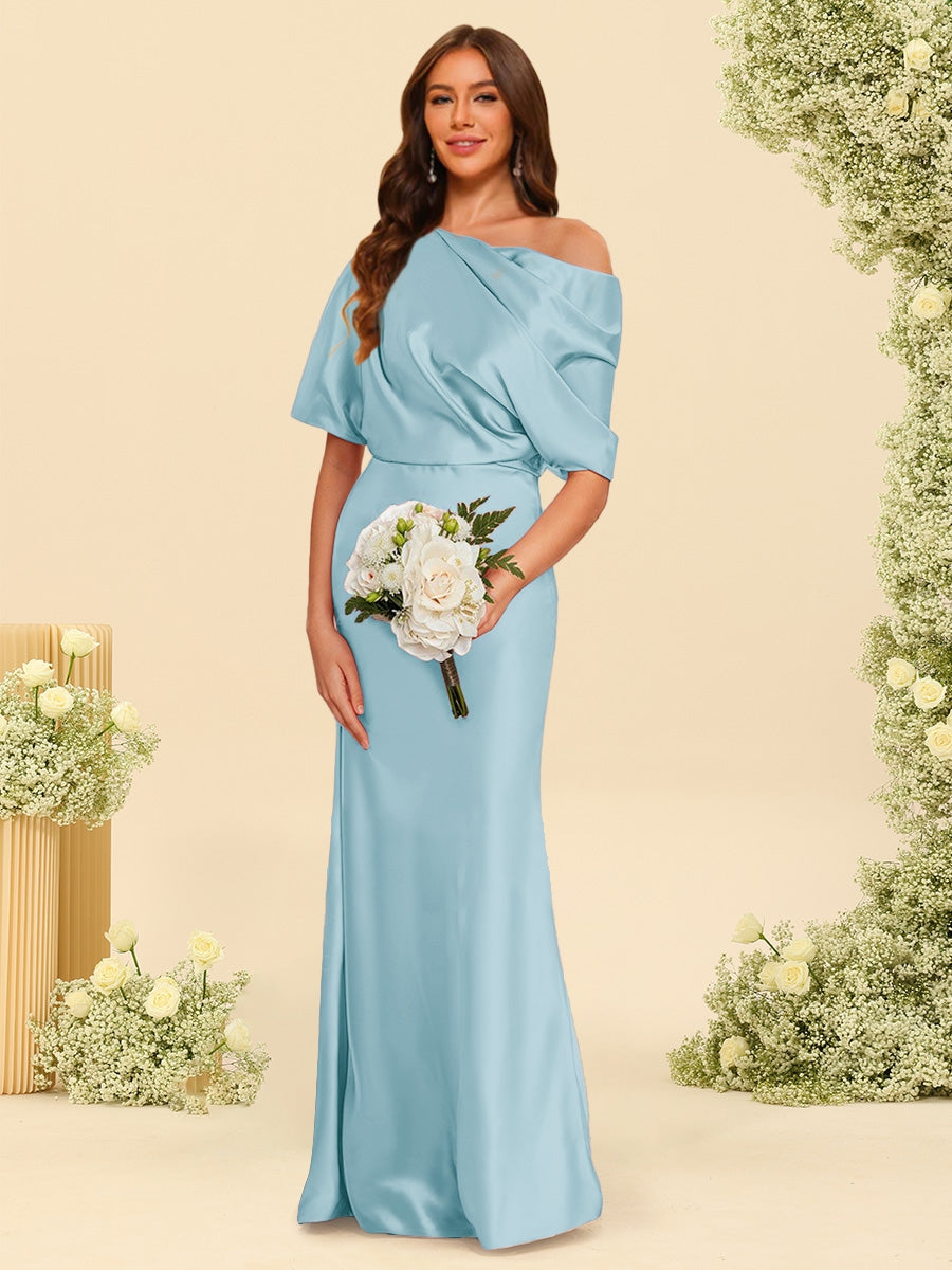 Trumpet/Mermaid One-Shoulder Half Sleeves Bridesmaid Dresses With Ruched Light Blue