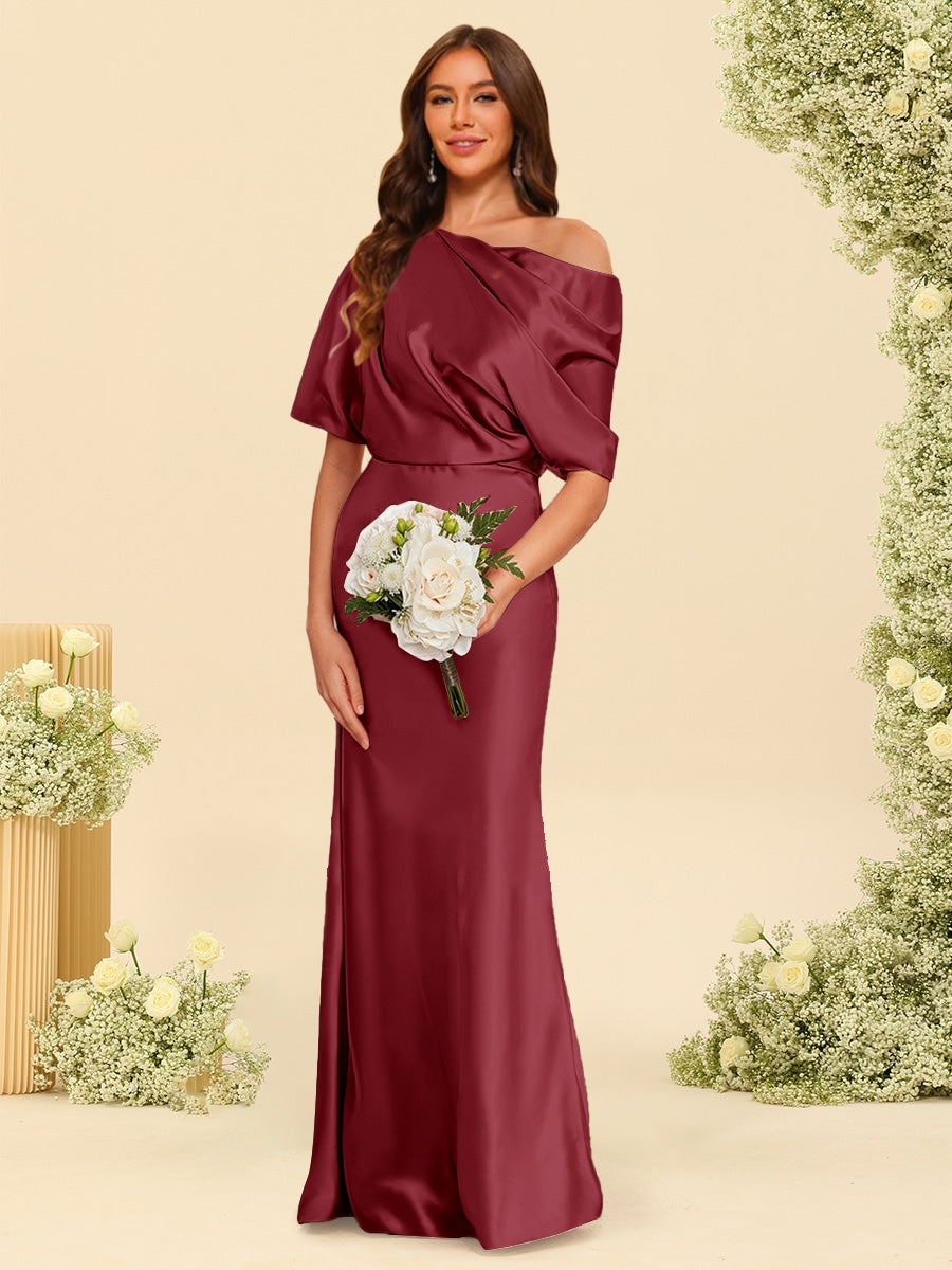 Trumpet/Mermaid One-Shoulder Half Sleeves Bridesmaid Dresses With Ruched Light Burgundy