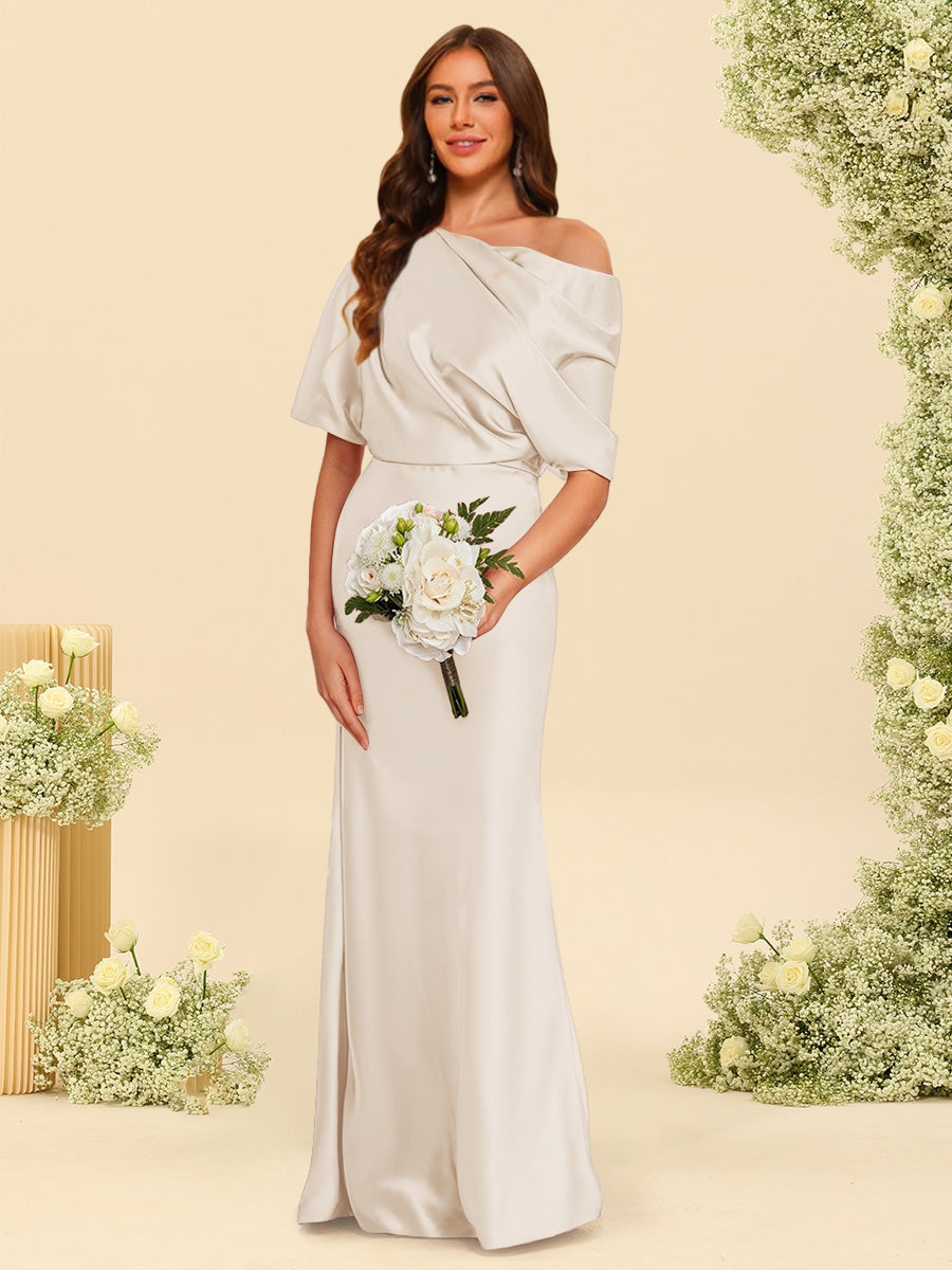 Trumpet/Mermaid One-Shoulder Half Sleeves Bridesmaid Dresses With Ruched Light Champagne