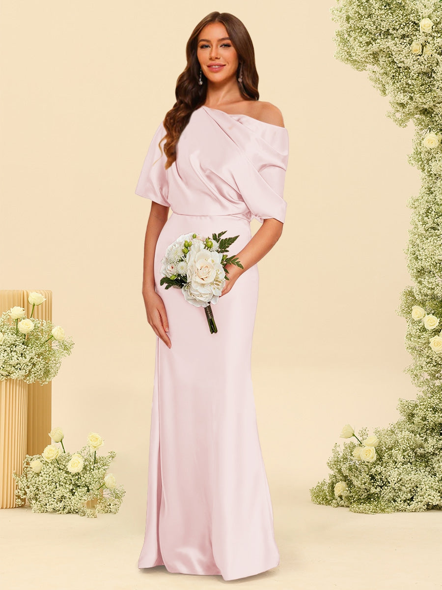 Trumpet/Mermaid One-Shoulder Half Sleeves Bridesmaid Dresses With Ruched Light Pink