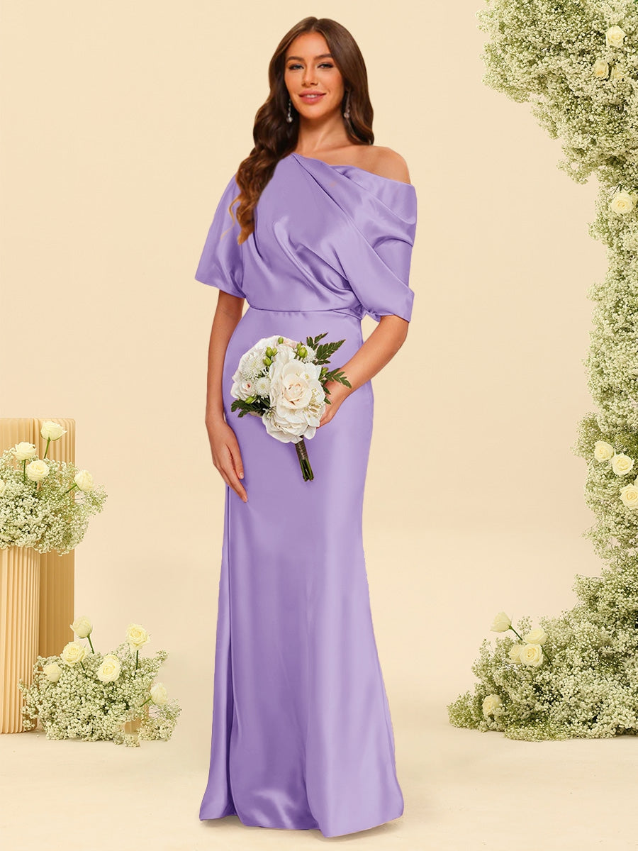 Trumpet/Mermaid One-Shoulder Half Sleeves Bridesmaid Dresses With Ruched Light Purple