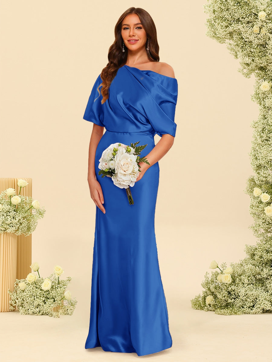 Trumpet/Mermaid One-Shoulder Half Sleeves Bridesmaid Dresses With Ruched Light Royal Blue