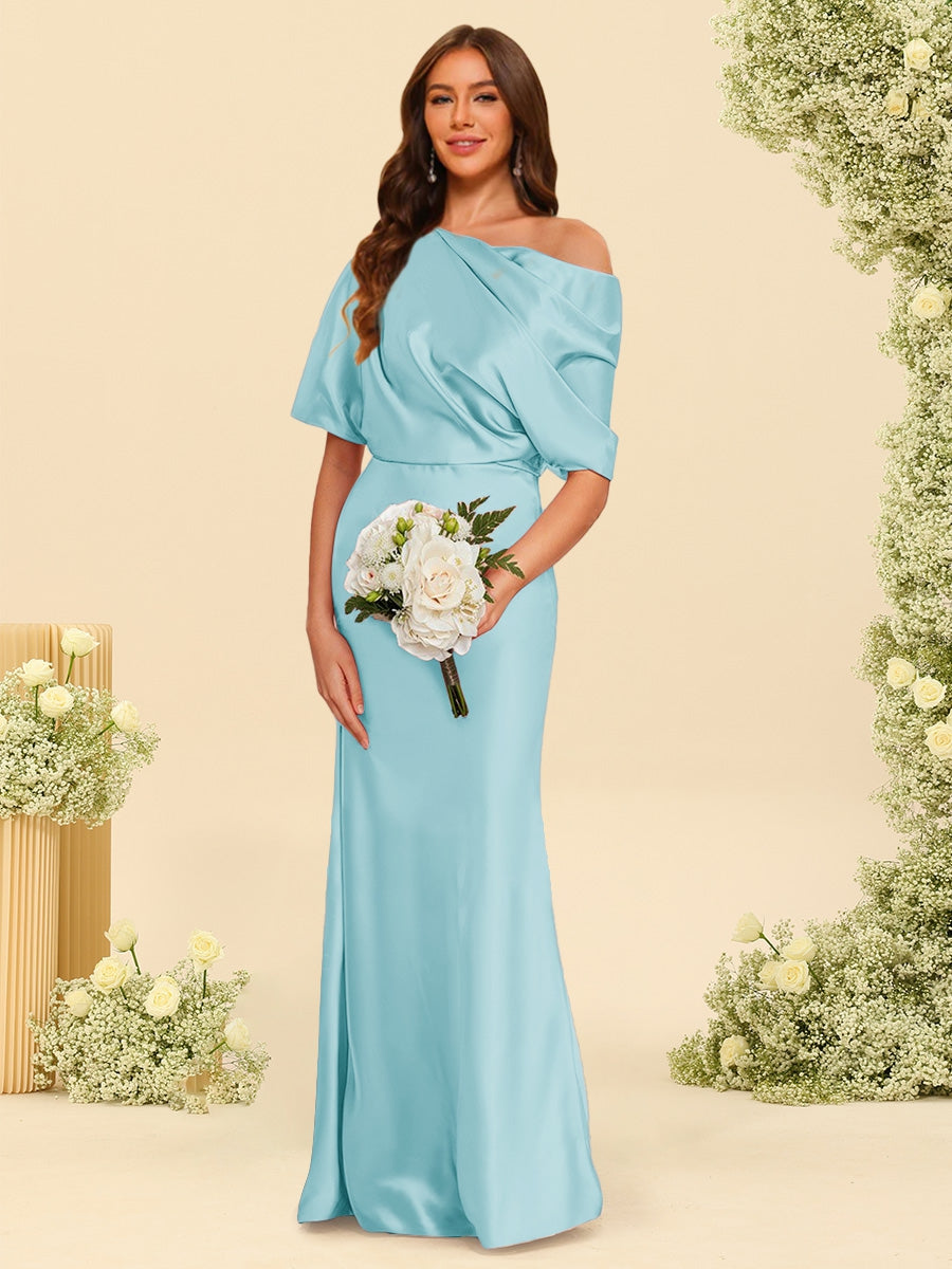 Trumpet/Mermaid One-Shoulder Half Sleeves Bridesmaid Dresses With Ruched Light Sky Blue