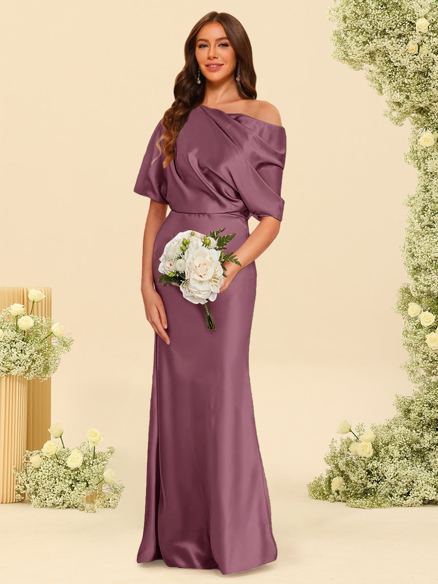 Trumpet/Mermaid One-Shoulder Half Sleeves Bridesmaid Dresses With Ruched Mulberry