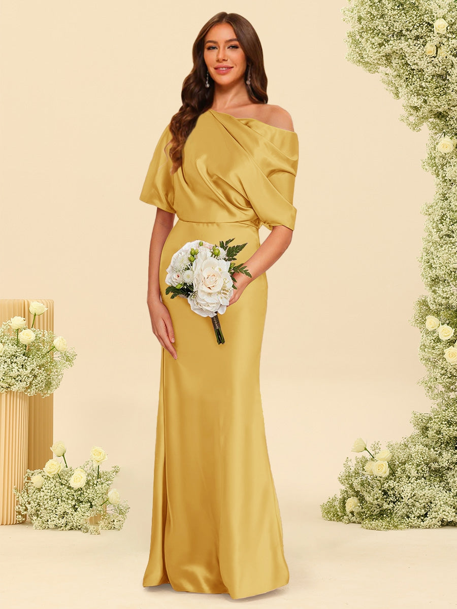 Trumpet/Mermaid One-Shoulder Half Sleeves Bridesmaid Dresses With Ruched Mustard Yellow