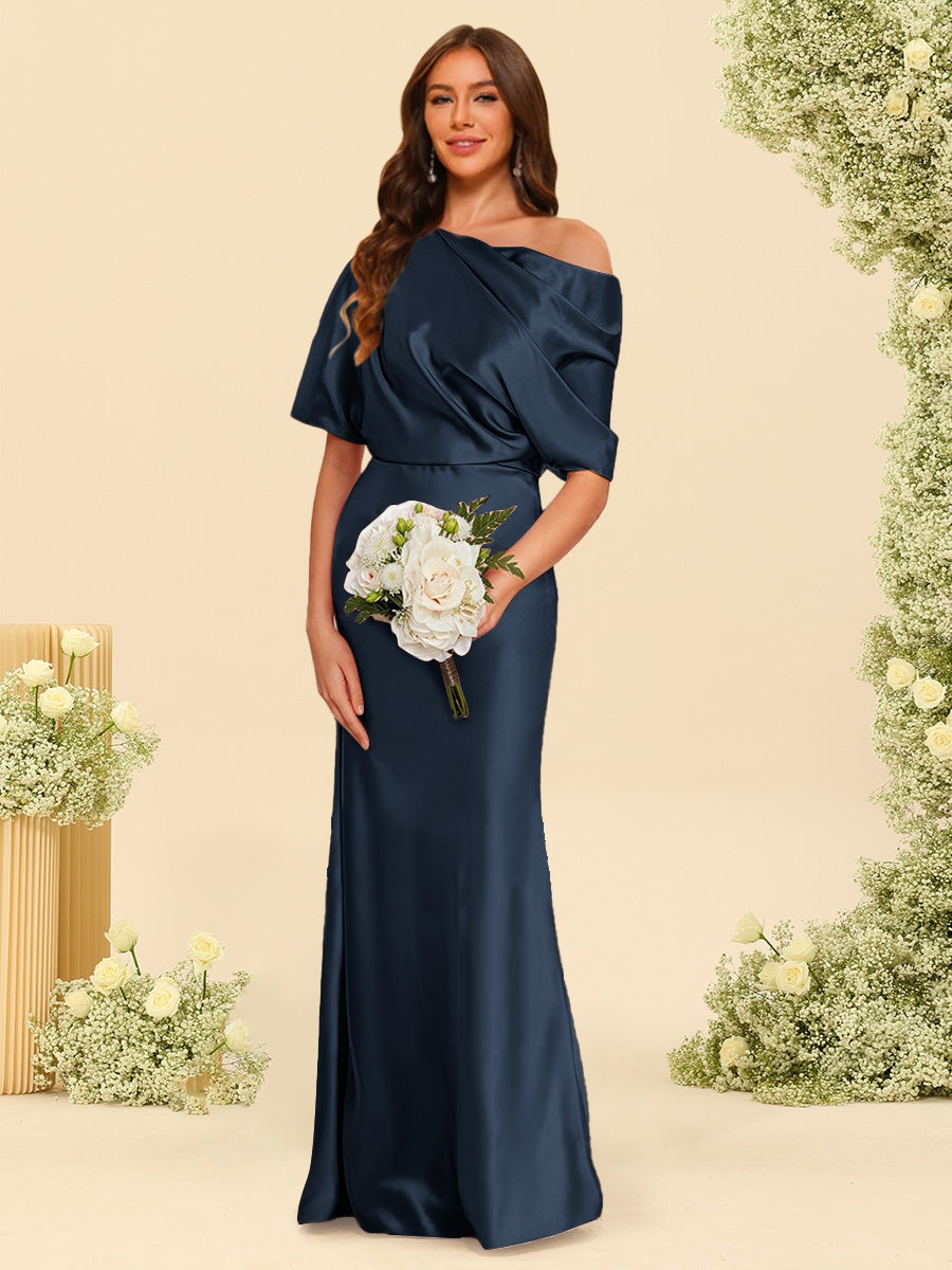Trumpet/Mermaid One-Shoulder Half Sleeves Bridesmaid Dresses With Ruched Navy Blue