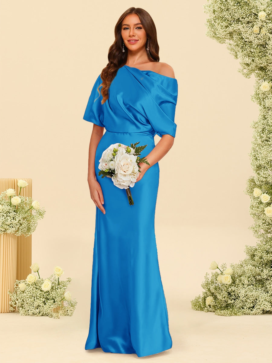 Trumpet/Mermaid One-Shoulder Half Sleeves Bridesmaid Dresses With Ruched Ocean Blue