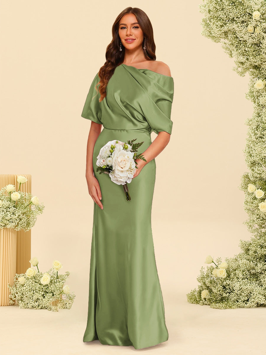 Trumpet/Mermaid One-Shoulder Half Sleeves Bridesmaid Dresses With Ruched Olive Green