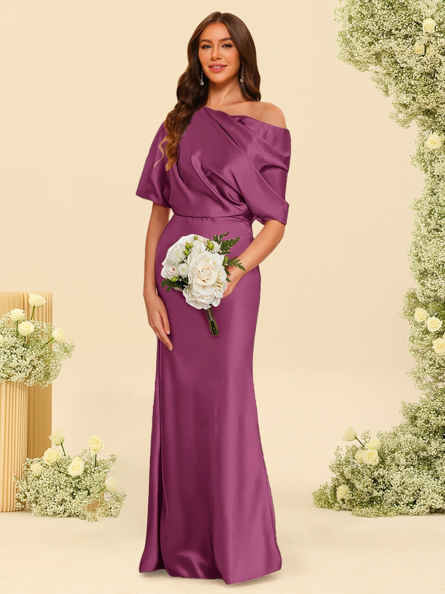 Trumpet/Mermaid One-Shoulder Half Sleeves Bridesmaid Dresses With Ruched Orchid