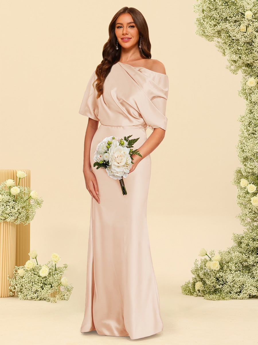Trumpet/Mermaid One-Shoulder Half Sleeves Bridesmaid Dresses With Ruched Peach Pink
