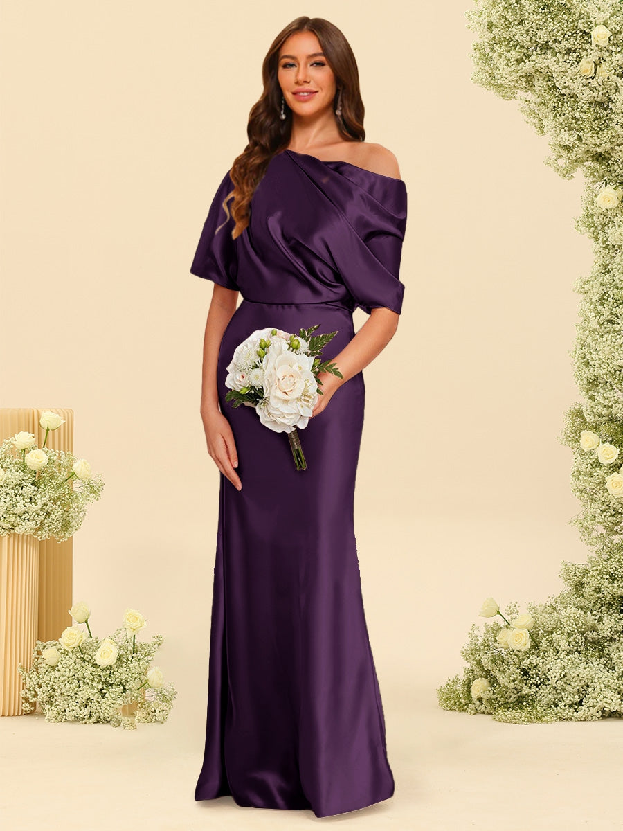 Trumpet/Mermaid One-Shoulder Half Sleeves Bridesmaid Dresses With Ruched Plum