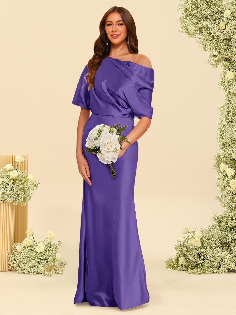 Trumpet/Mermaid One-Shoulder Half Sleeves Bridesmaid Dresses With Ruched Purple