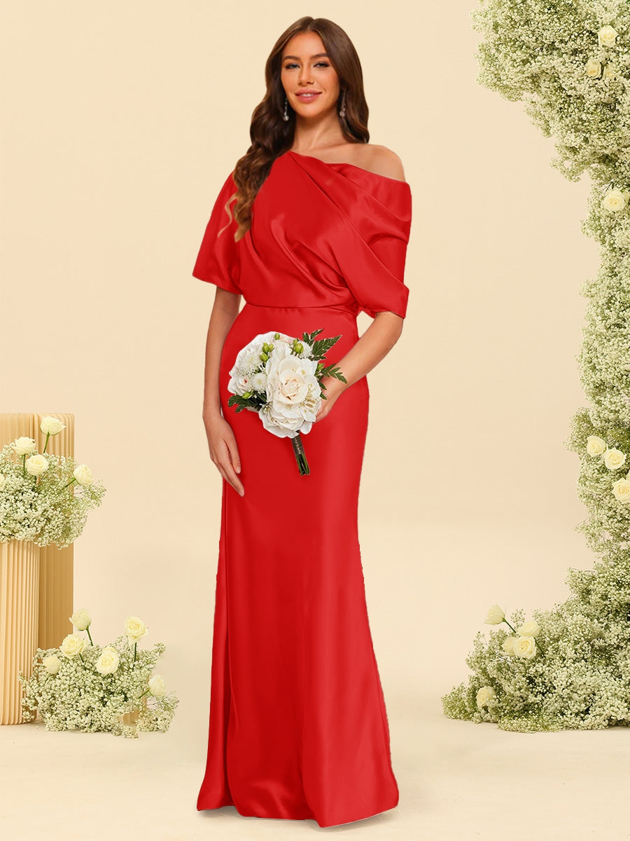 Trumpet/Mermaid One-Shoulder Half Sleeves Bridesmaid Dresses With Ruched Red