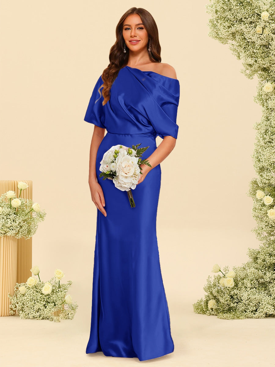 Trumpet/Mermaid One-Shoulder Half Sleeves Bridesmaid Dresses With Ruched Royal Blue