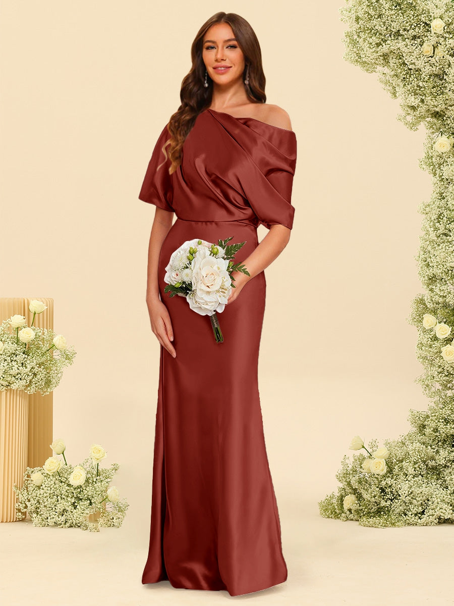 Trumpet/Mermaid One-Shoulder Half Sleeves Bridesmaid Dresses With Ruched Rust
