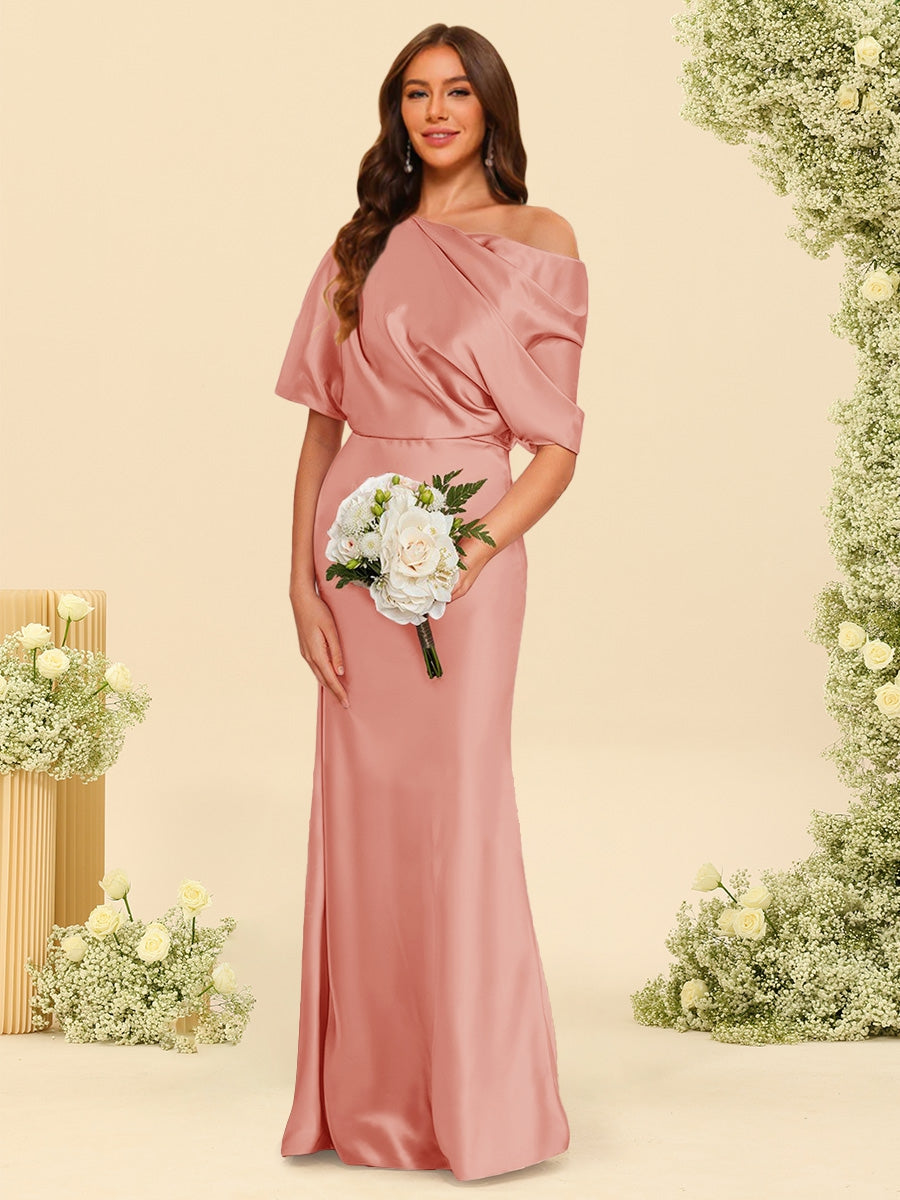 Trumpet/Mermaid One-Shoulder Half Sleeves Bridesmaid Dresses With Ruched Salmon