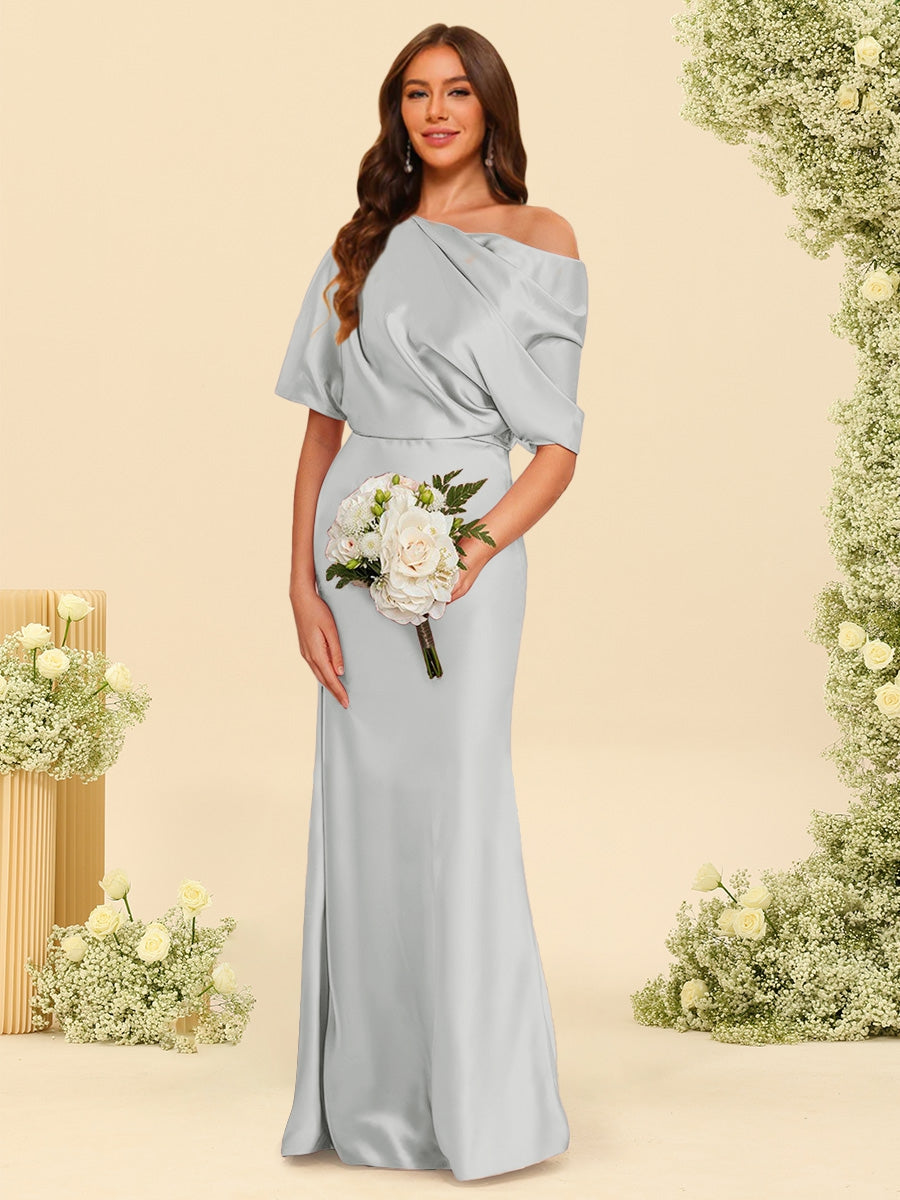 Trumpet/Mermaid One-Shoulder Half Sleeves Bridesmaid Dresses With Ruched Silver