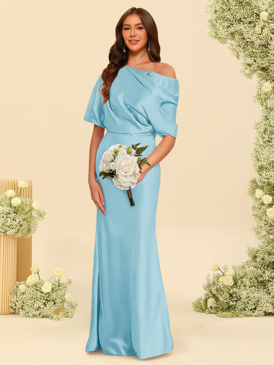 Trumpet/Mermaid One-Shoulder Half Sleeves Bridesmaid Dresses With Ruched Sky Blue
