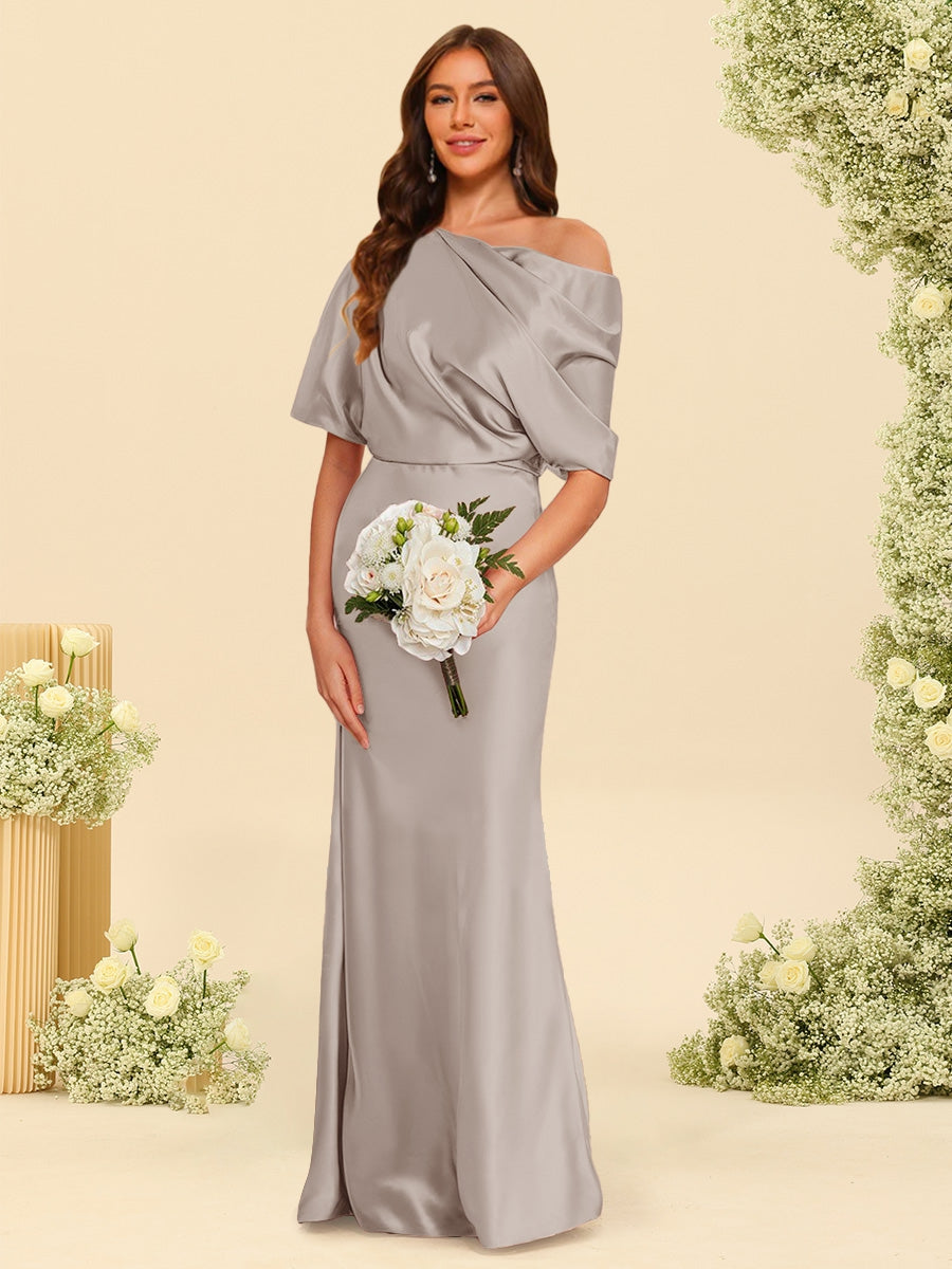 Trumpet/Mermaid One-Shoulder Half Sleeves Bridesmaid Dresses With Ruched Taupe