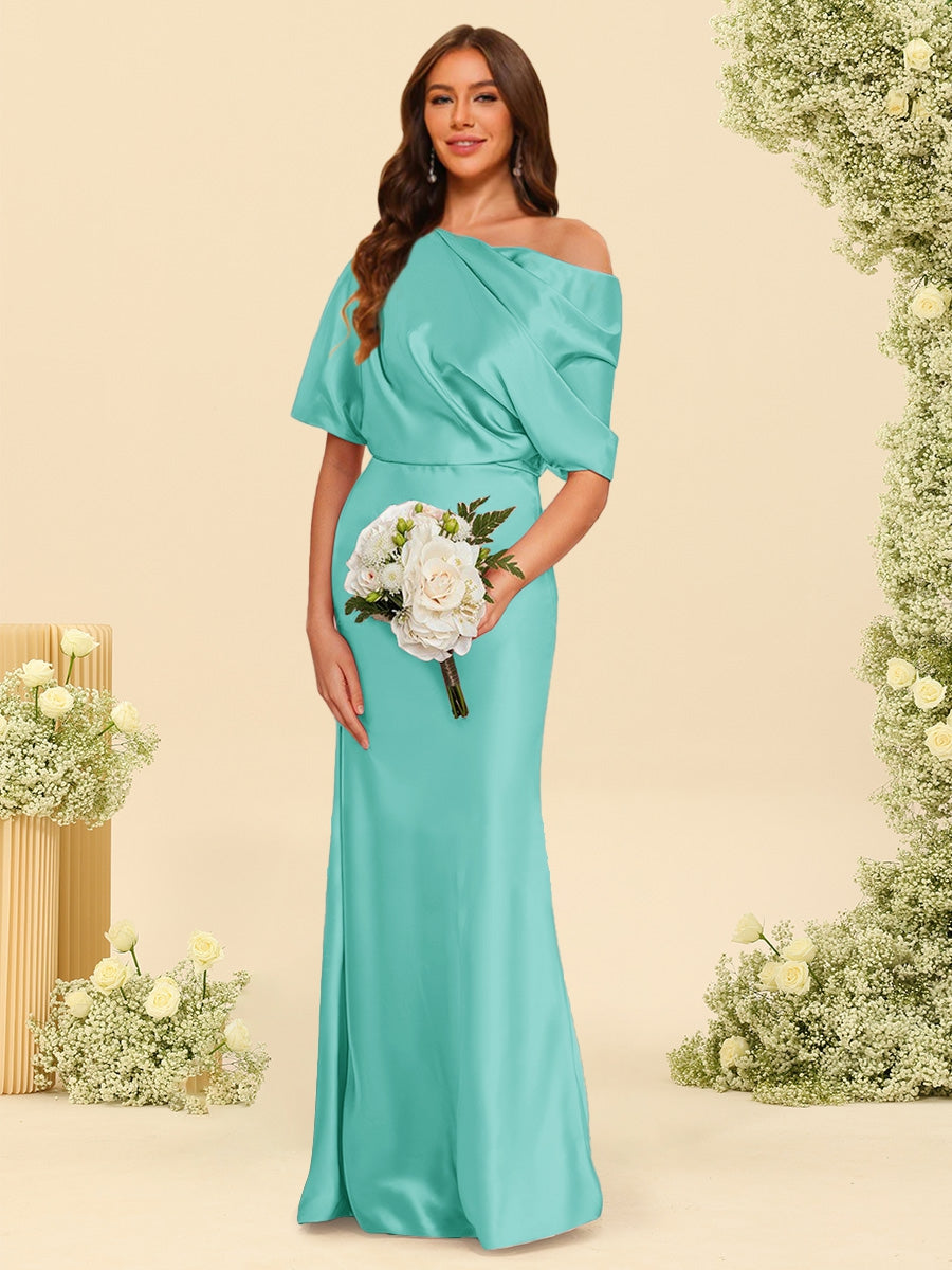 Trumpet/Mermaid One-Shoulder Half Sleeves Bridesmaid Dresses With Ruched Turquoise