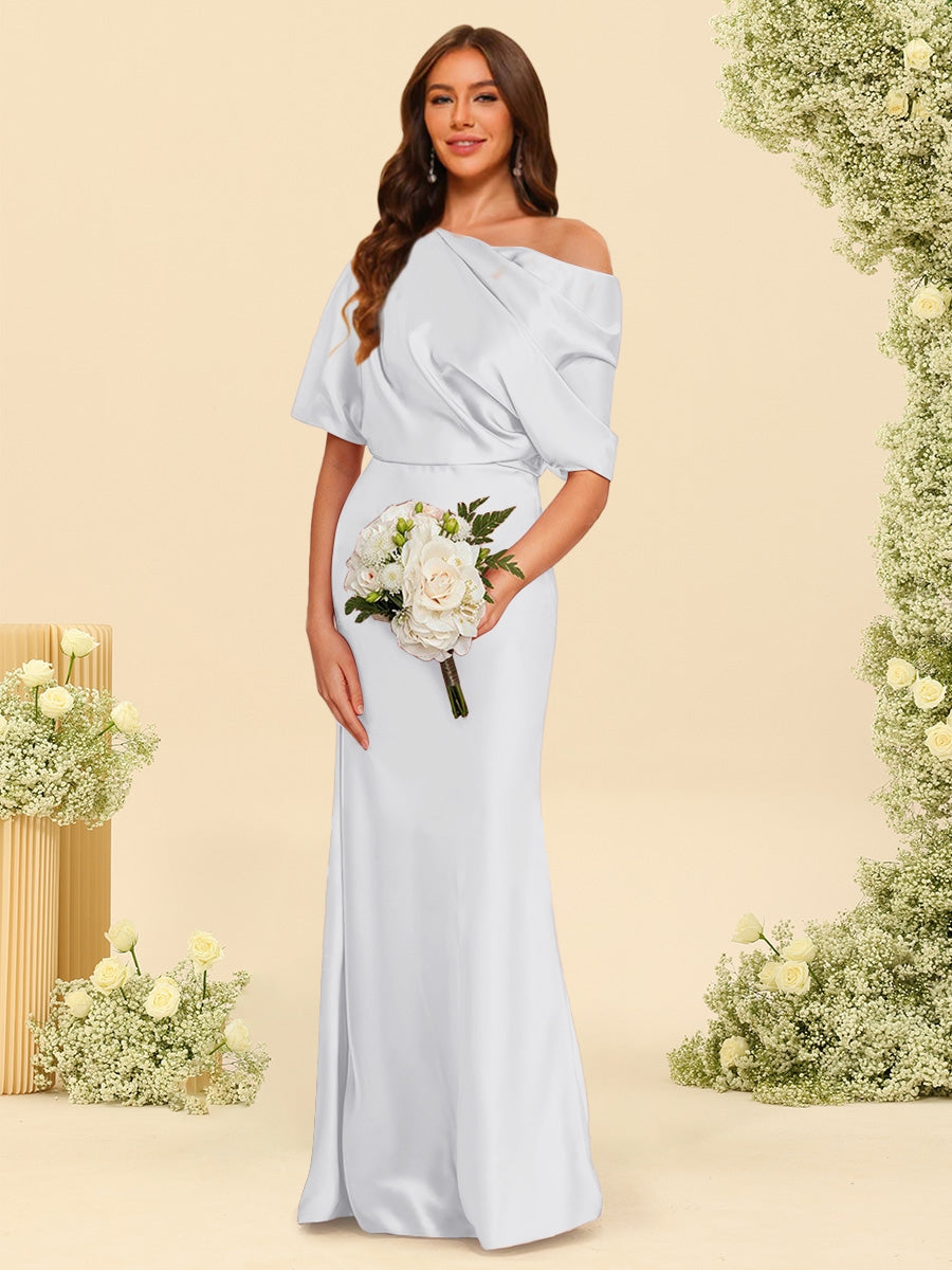 Trumpet/Mermaid One-Shoulder Half Sleeves Bridesmaid Dresses With Ruched White