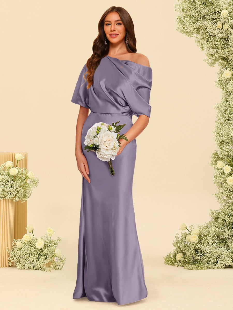 Trumpet/Mermaid One-Shoulder Half Sleeves Bridesmaid Dresses With Ruched Wisteria