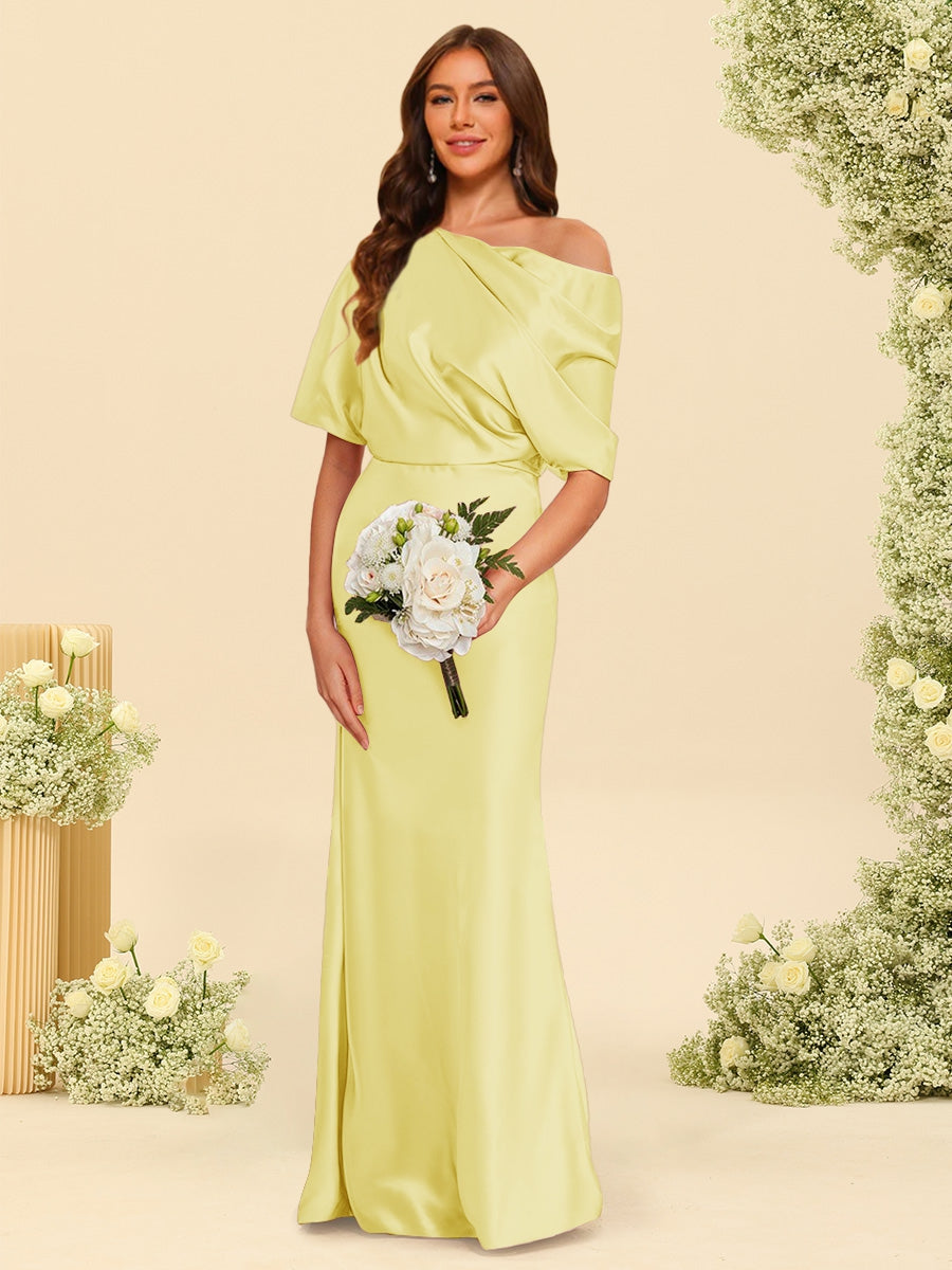 Trumpet/Mermaid One-Shoulder Half Sleeves Bridesmaid Dresses With Ruched Yellow