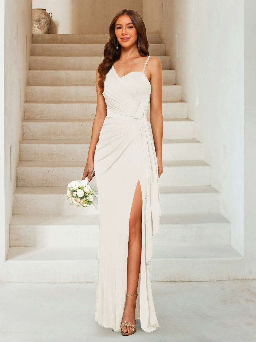 Sheath/Column Sweetheart Sleeveless Floor-Length Formal Dresses with Split Side & Ruched Ivory